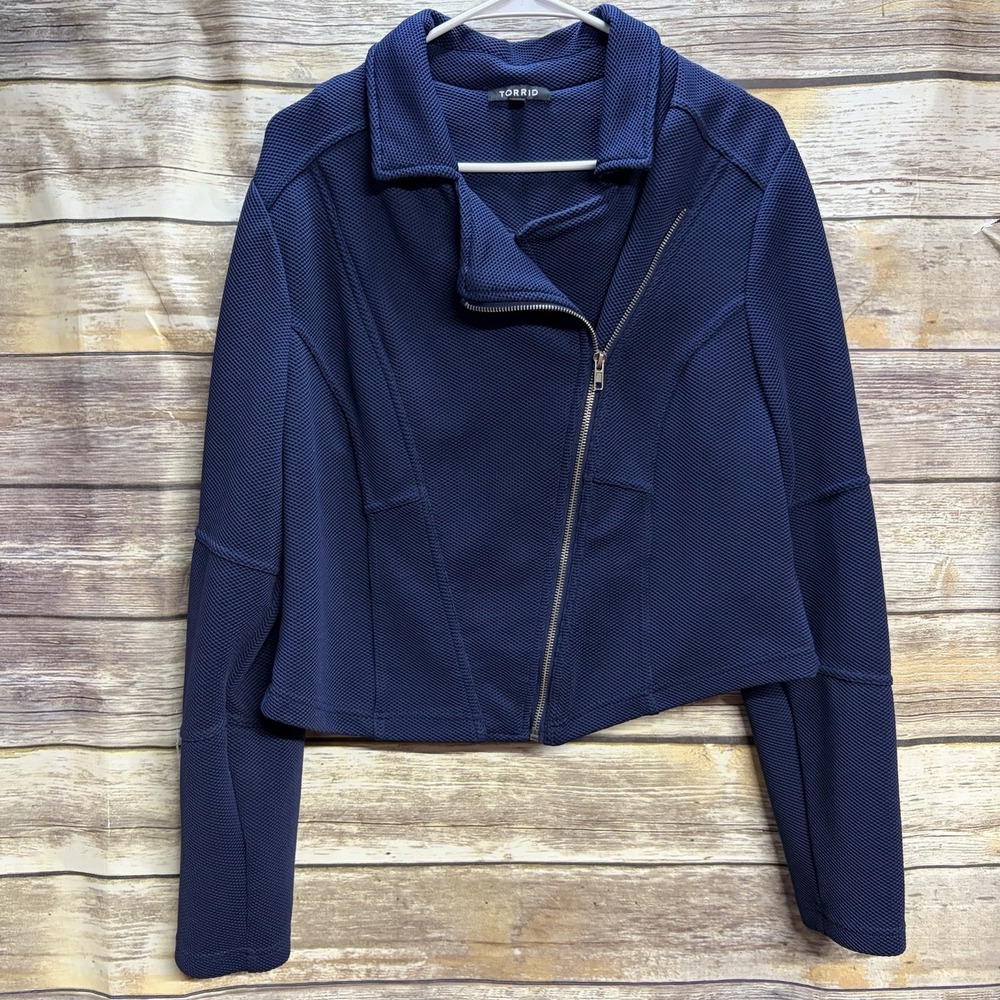 Torrid Navy Blue Textured Knit Moto Biker Jacket Women's Plus Size 1 Front Zip